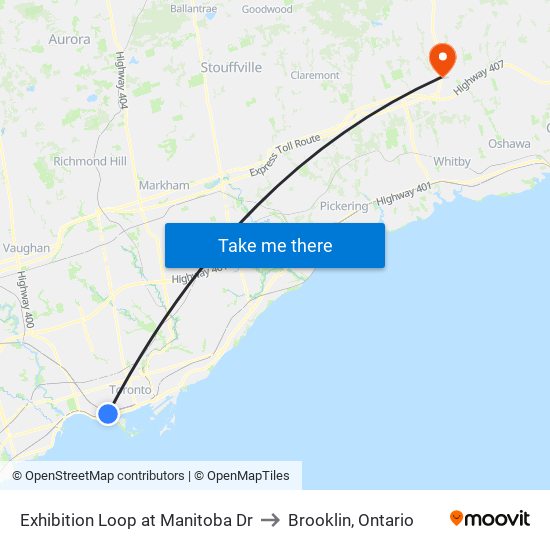 Exhibition Loop at Manitoba Dr to Brooklin, Ontario map