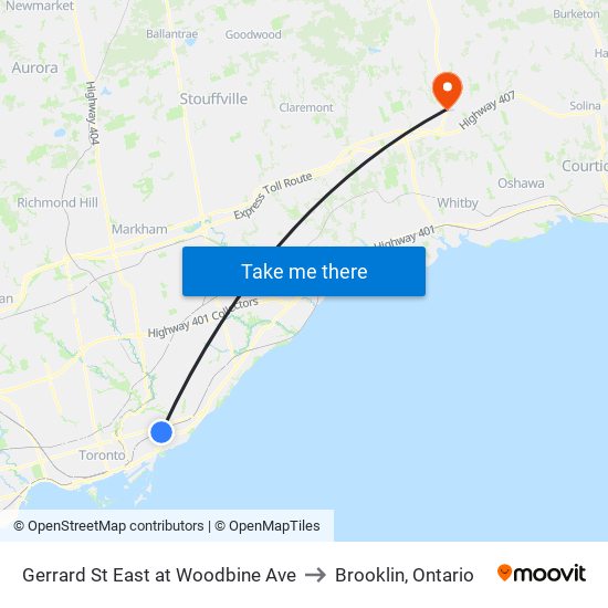 Gerrard St East at Woodbine Ave to Brooklin, Ontario map