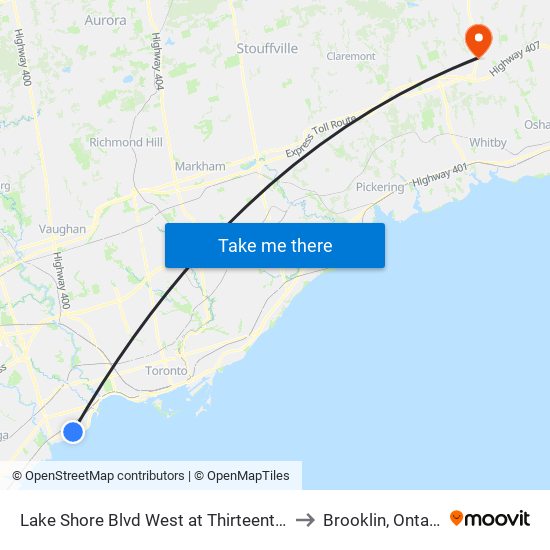 Lake Shore Blvd West at Thirteenth St to Brooklin, Ontario map