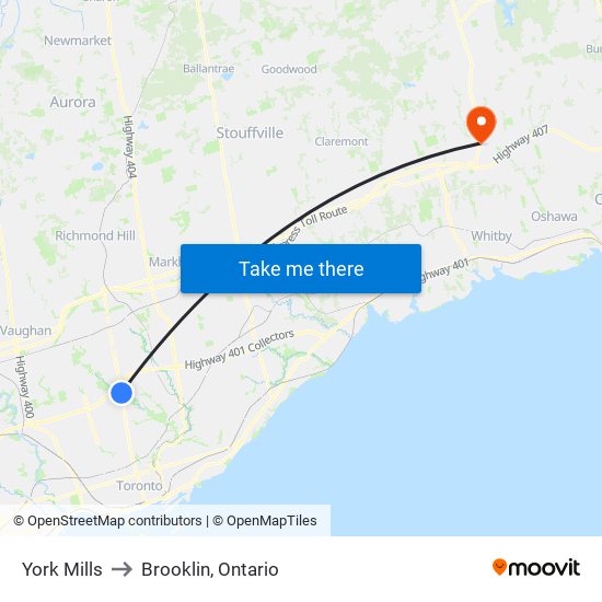 York Mills to Brooklin, Ontario map