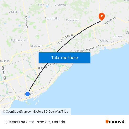 Queen's Park to Brooklin, Ontario map