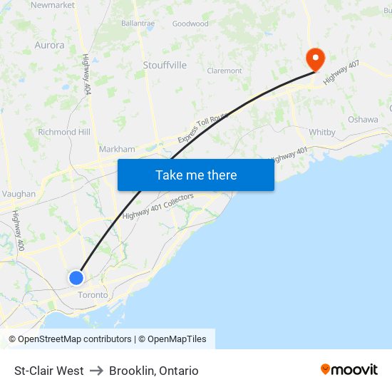 St-Clair West to Brooklin, Ontario map