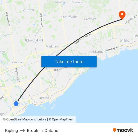 Kipling to Brooklin, Ontario map