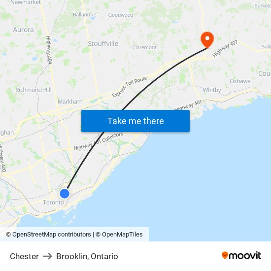 Chester to Brooklin, Ontario map