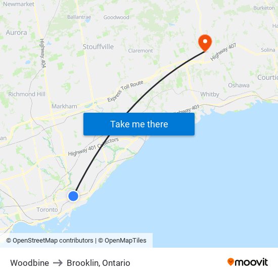 Woodbine to Brooklin, Ontario map