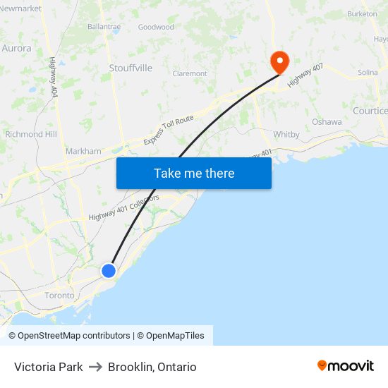 Victoria Park to Brooklin, Ontario map