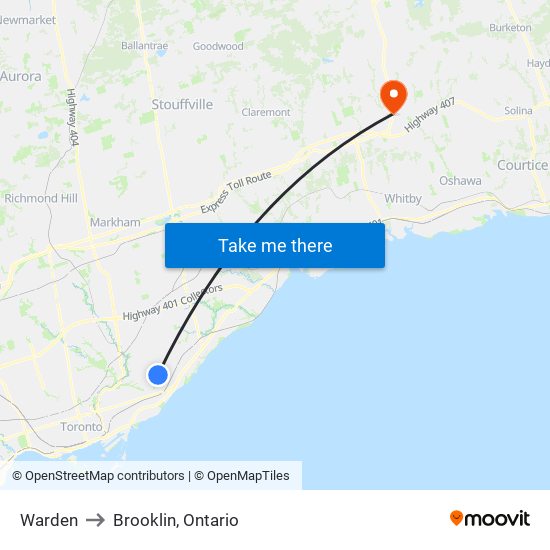 Warden to Brooklin, Ontario map