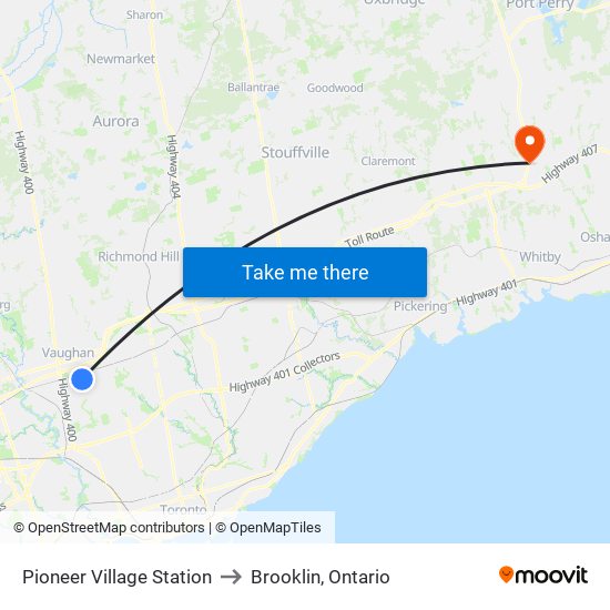 Pioneer Village Station to Brooklin, Ontario map