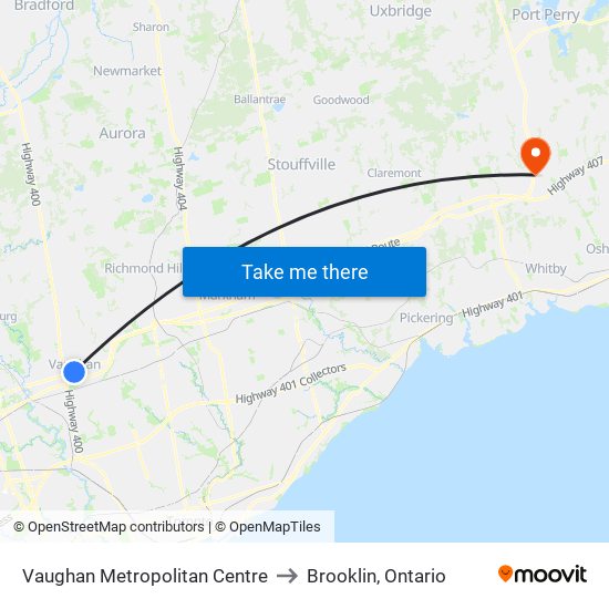 Vaughan Metropolitan Centre to Brooklin, Ontario map