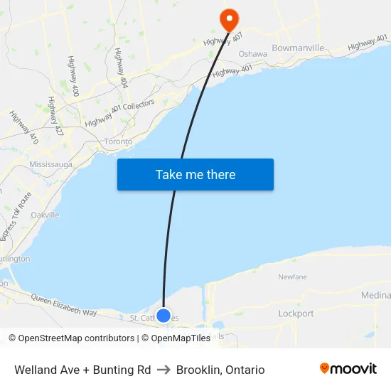 Welland Ave + Bunting Rd to Brooklin, Ontario map
