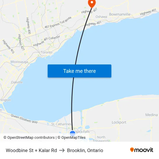Woodbine St + Kalar Rd to Brooklin, Ontario map