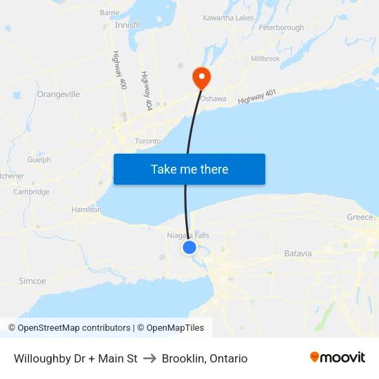 Willoughby Dr + Main St to Brooklin, Ontario map
