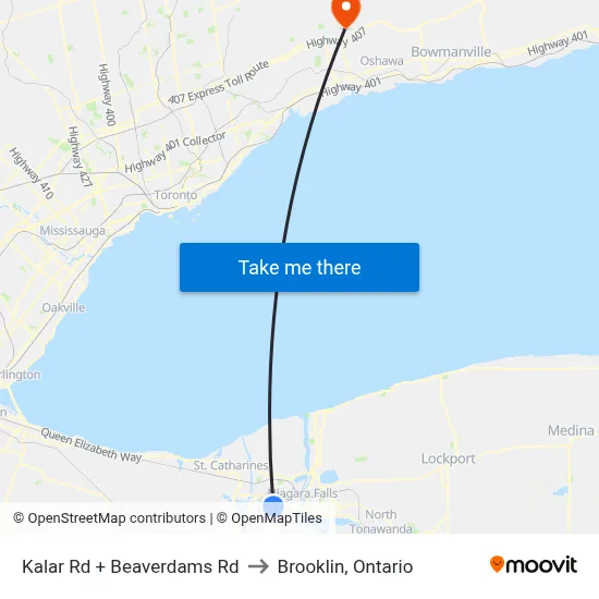 Kalar Rd + Beaverdams Rd to Brooklin, Ontario map