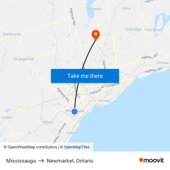 Mississauga to Newmarket, Ontario map