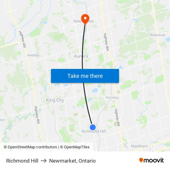 Richmond Hill to Newmarket, Ontario map