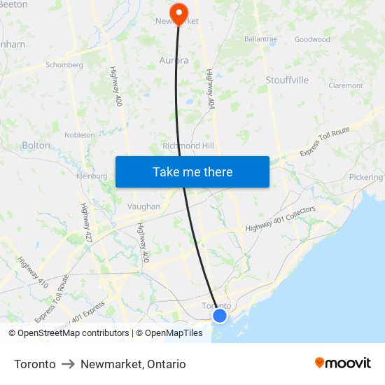 Toronto to Newmarket, Ontario map