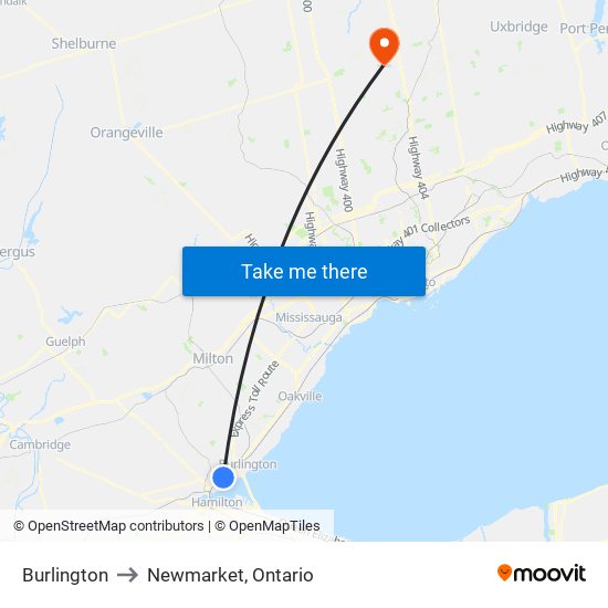 Burlington to Newmarket, Ontario map