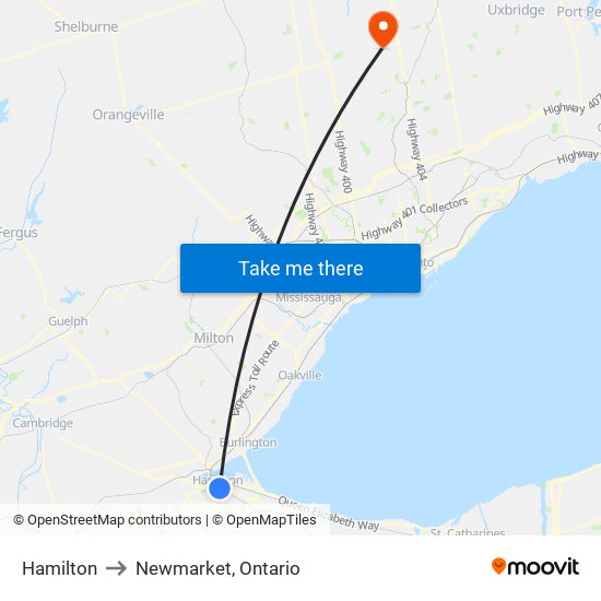 Hamilton to Newmarket, Ontario map