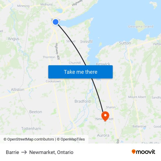 Barrie to Newmarket, Ontario map