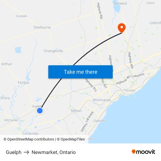 Guelph to Newmarket, Ontario map