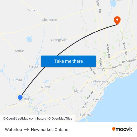 Waterloo to Newmarket, Ontario map