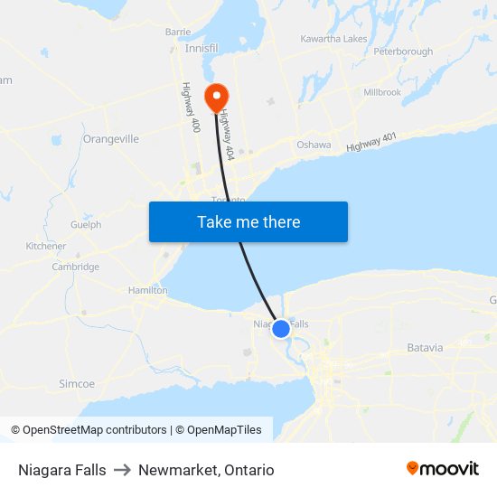 Niagara Falls to Newmarket, Ontario map