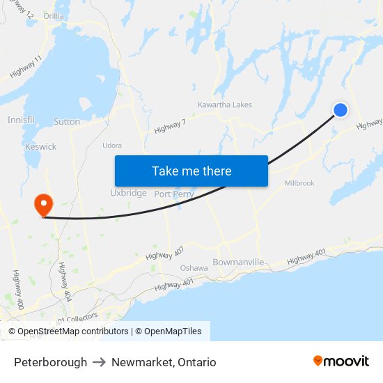 Peterborough to Newmarket, Ontario map