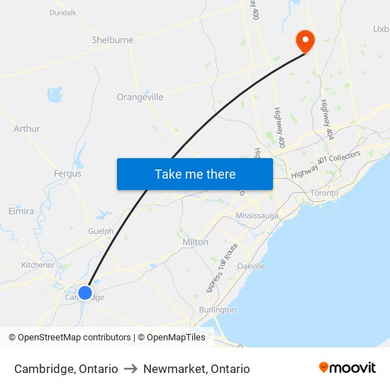 Cambridge, Ontario to Newmarket, Ontario map