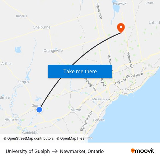 University of Guelph to Newmarket, Ontario map