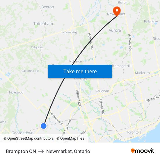 Brampton ON to Newmarket, Ontario map