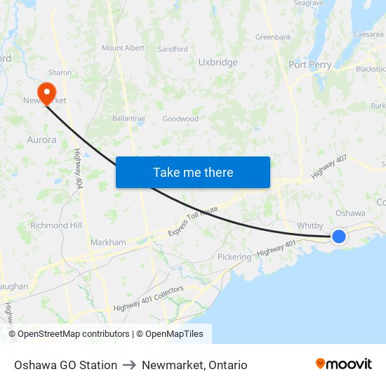 Oshawa GO Station to Newmarket, Ontario map