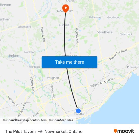 The Pilot Tavern to Newmarket, Ontario map