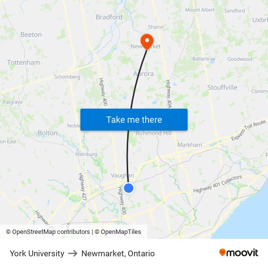 York University to Newmarket, Ontario map