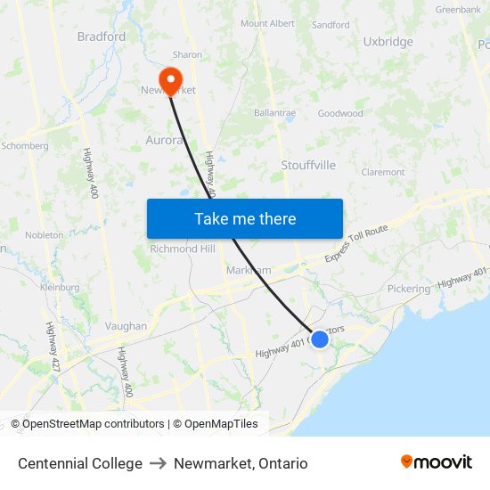 Centennial College to Newmarket, Ontario map