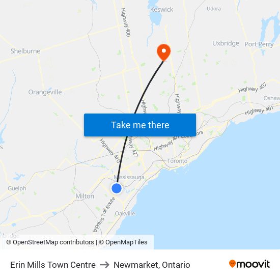 Erin Mills Town Centre to Newmarket, Ontario map