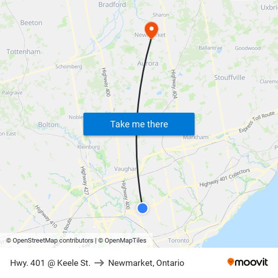 Hwy. 401 @ Keele St. to Newmarket, Ontario map