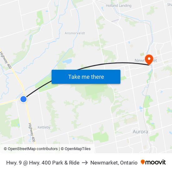 Hwy. 9 @ Hwy. 400 Park & Ride to Newmarket, Ontario map