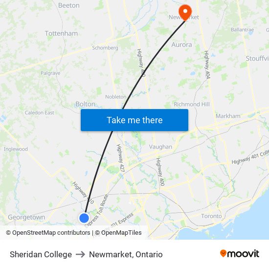 Sheridan College to Newmarket, Ontario map
