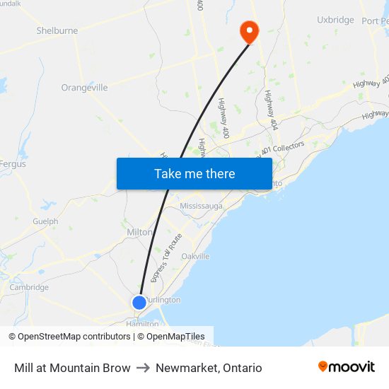 Mill at Mountain Brow to Newmarket, Ontario map