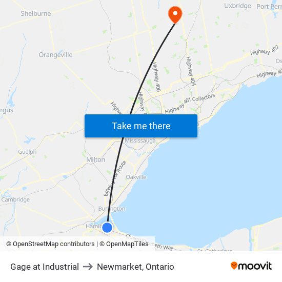 Gage at Industrial to Newmarket, Ontario map
