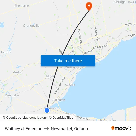 Whitney at Emerson to Newmarket, Ontario map