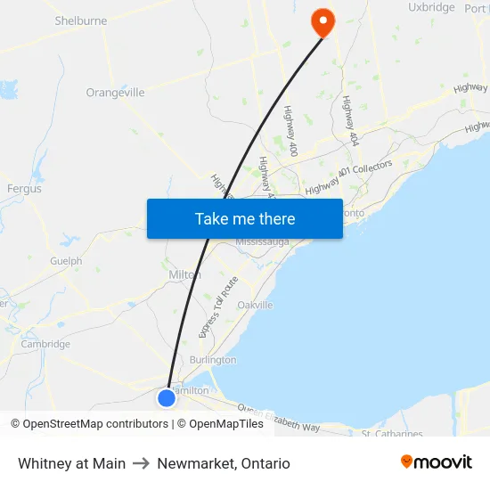 Whitney at Main to Newmarket, Ontario map