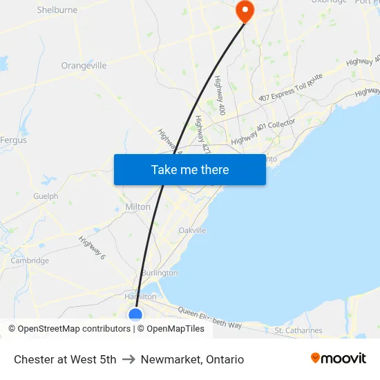 Chester at West 5th to Newmarket, Ontario map