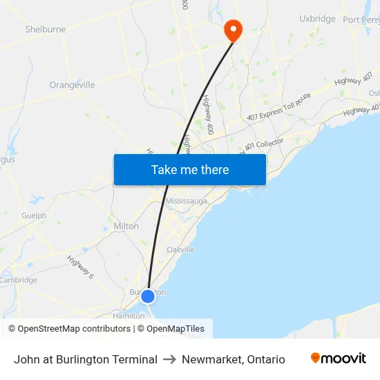 John at Burlington Terminal to Newmarket, Ontario map