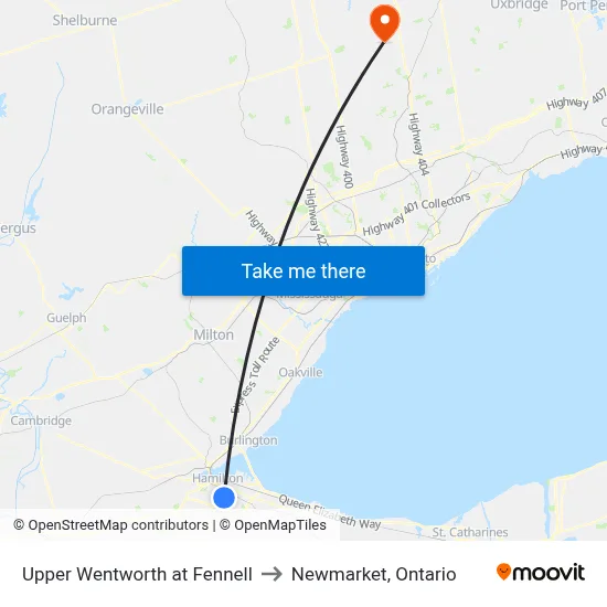 Upper Wentworth at Fennell to Newmarket, Ontario map