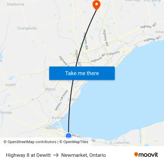 Highway 8 at Dewitt to Newmarket, Ontario map