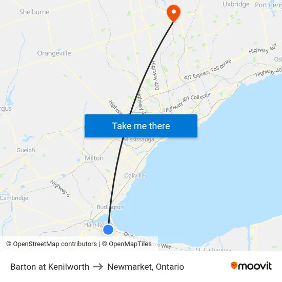 Barton at Kenilworth to Newmarket, Ontario map