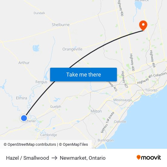 Hazel / Smallwood to Newmarket, Ontario map