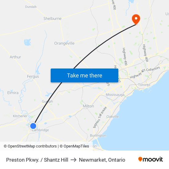 Preston Pkwy. / Shantz Hill to Newmarket, Ontario map