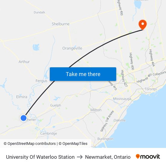 University Of Waterloo Station to Newmarket, Ontario map